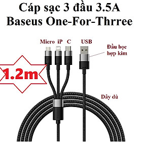 Cáp sạc đa năng 3 đầu 3.5a Usb to M+i+C dây dù siêu bền 1.2m Baseus One For ThreeCB000030 _ Hàng chính hãng