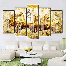 Tranh Canvas Bộ 5 Bức Đàn Ngựa Phi Nước Đại Dũng Mãnh - Tranh Decor Treo Tường Sang Trọng