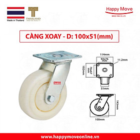 Bánh xe đẩy nhựa  trắng tải nặng càng xoay - 100-125-150-200mm - Happy Move Thái Lan