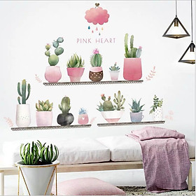 Decal dán tường kệ xương rồng màu hồng dễ thương trang trí phòng ngủ, phòng cách sáng tạo