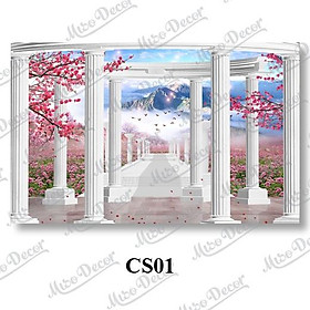 (tranh treo tường) tranh dán tường 3D cửa sổ phong cảnh in decal PP
