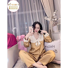  Bộ lụa Pijama - Bộ Quần Dài Tay Dài Lụa Satin Tiểu Thư Cổ Phối Bèo Nơ Freesize 45-65kg