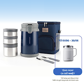 Bộ Hộp Cơm Giữ Nhiệt Lock&amp;Lock Easy Carry 2.0L LHC8039BLU Có Túi (1 Hộp 720ml, 2 Hộp 420ml Kèm 1 Bộ Muỗng Và Nĩa) - Màu Xanh