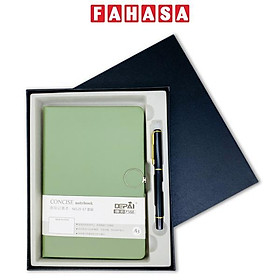 Bộ Quà Tặng Sổ Bìa Da Khóa Gài Kim Loại Kèm Bút Ký - 168 Trang 80gsm - Depai NO.25-67 - Mực Xanh - Màu Xanh Lá