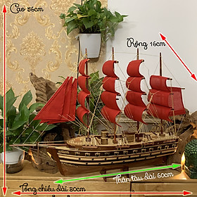 [Thuận buồm xuôi gió] Mô hình tàu gỗ thuyền trang trí tàu chiến cổ JYLLAND_Đan Mạch - Thân tàu dài 60cm -  Gỗ Tràm bông vàng- Buồm màu Đỏ