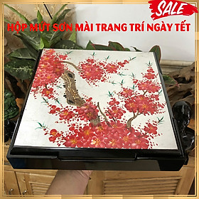 Hộp mứt Tết sơn mài vẽ hoa đào nền bạc - khay đựng mứt sơn mài - Hình vuông 30x30cm - Thủ công mỹ nghệ Việt Nam