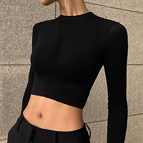 Set Black Uni chất Thun gân mềm gồm áo croptop dài tay với quần Flare Pants chất thun gân mịn độ co giãn cao