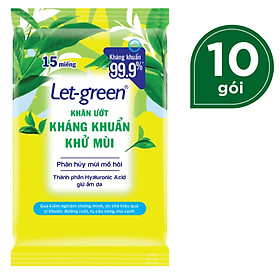 COMBO 10 GÓI KHĂN ƯỚT KHÁNG KHUẨN-KHỬ MÙI LET-GREEN 15 MIẾNG/GÓI