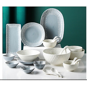 Bộ bát đĩa chén đĩa cao cấp Gosu họa tiết giọt nước màu trắng xám sang trọng