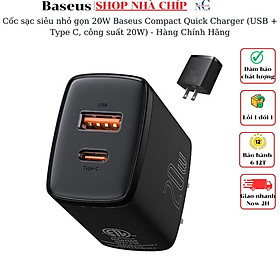 Cốc sạc siêu nhỏ gọn 20W Baseus Compact Quick Charger (USB + Type C, công suất 20W) - Hàng Chính Hãng  - Màu Đen