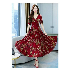 HÀNG NHẬP - ĐẦM VOAN LỤA HOA MÀU ĐỎ CỔ ĐẮP CHÉO