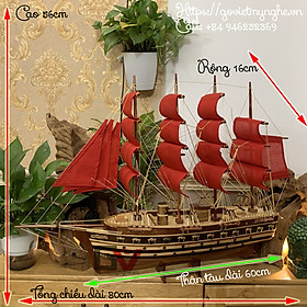 Mô hình thuyền gỗ thuyền trang trí tàu chiến cổ Jylland của Đan Mạch - Thân tàu dài 60cm - Buồm vải màu đỏ