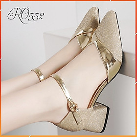 Giày cao gót nữ đẹp đế vuông 4 phân hàng hiệu rosata hai màu đồng bạc da mềm ro552