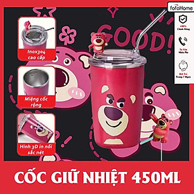 Cốc Giữ Nhiệt Gấu Dâu Losto Tiện Dụng Kèm Ống Hút, Chất Liệu Inox 304 Cao Cấp Dung Tích 450ml