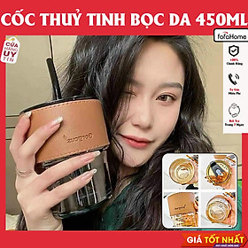 Cốc Thủy Tinh Bọc Da Có Nắp Kèm Ống Hút, Ly Thuỷ Tinh GorGous Bọc Da Sang Chảnh Chống Bỏng Pha Sữa Cafe 450ml Giao Màu Ngẫu Nhiên