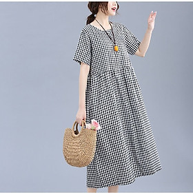 Đầm váy suông nữ caro, Đầm Linen suông kẻ caro xinh dáng xoè form rộng không kén dáng mặc Haint Boutique