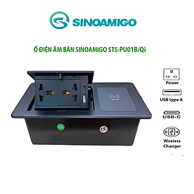 Hộp ổ cắm điện âm bàn Sinoamigo STS-PU01B-Qi. Tích hợp sạc không dây 15W, 2 ổ cắm điện, 1 cổng sạc USB-type C, cổng USB-type A. Hàng chính hãng