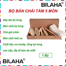 Bộ 5 Bàn Chải Tắm Cán Gỗ Tự Nhiên Làm Sạch Da Khô, Da Ướt Tiện Dụng, Gậy Tắm Massage Cơ Thể Body Cực Sạch BILA1116