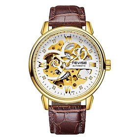 TEVISE Men Watches Automatic Mechanical Skeleton Diamond-Studded Watch Genuine Leather Band Luminous Hands 3ATM