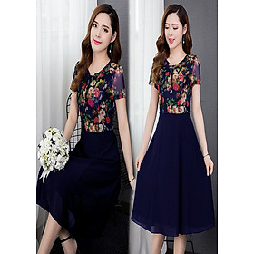 Đầm xòe chiffon in hoa 3D cổ phối ren cột nơ duyên dáng