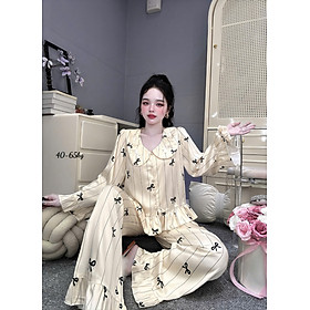 Bộ Pijama Lụa Nữ Phối Bèo Kèm Cột Tóc
