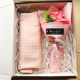 Hộp quà tặng lưu niệm cho nữ ngày 8/3, 20/10, valentine, sinh nhật gồm khăn lụa, hoa sáp, hộp đựng, cỏ giấy, thiệp