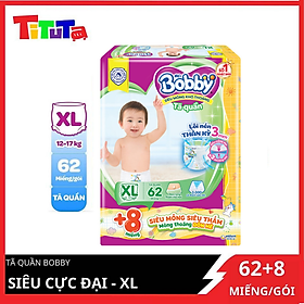 Tã quần Bobby - Đệm Lưng Thấm Mồ Hôi XL62 (62 miếng) - Tặng 8 miếng trong gói