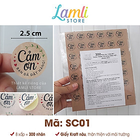 300 Nhãn dán CẢM ƠN, Sticker Thank you TIẾNG VIỆT dễ thương gói hàng gói quà | Giấy kraft ĐK 25mm