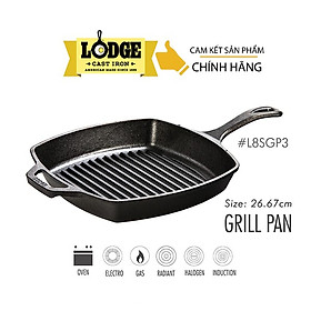 Chảo gang nướng Lodge tay cầm có rãnh, vuông 26.7cm, L8SGP3.Chảo dùng nướng, chiên, xào, áp chảo.