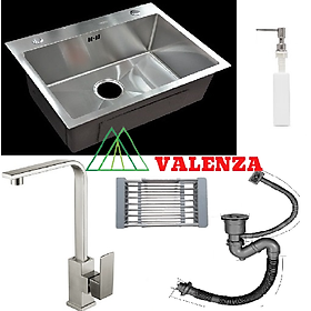 Combo chậu rửa bát 1 hố sus304 Valenza 6045, vòi rửa bát nóng lạnh vuông dẹt, xả, rổ, bình xà phòng