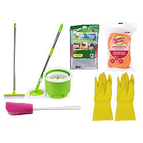 Bộ 6 món toàn diện gồm bộ lau nhà nhỏ gọn 360, cây lau sàn gạt nước 2in1, gói 2 cước hạt nổi không trầy, găng tay chanh, gói 3 khăn lau bếp và rửa bình Scotch-Brite 3M CB-TD1