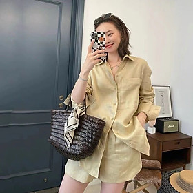Set áo sơ mi và quần short nữ ống rộng chất linen mềm mát, phong cách Hàn Quốc siêu sang chảnh , set màu be Bv05