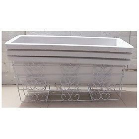 Combo 3 Giỏ Sắt Treo Chậu Hoa Ban Công Hình Chữ Nhật KT 56x18x15Cm - Màu Trắng +  3 Chậu/ Khay/ Máng Nhựa Trồng Rau, Trồng Hoa, Cây Cảnh Kích Thước 60X20X16Cm - Màu Trắng