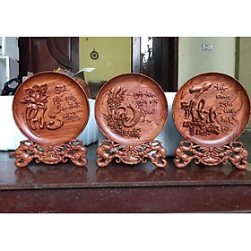 Combo 3 đĩa khắc chữ phúc lộc thọ ,phong thủy trang trí phòng khách bằng gỗ hương đá kt mặt tròn 40×4cm