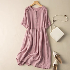 Đầm linen nữ suông dài form rộng, Váy sơ mi thiết kế cổ tròn cài cúc tay lỡ nhiều màu lựa chọn Haint Boutique