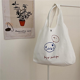 Túi Tote Túi Vải Canvas đeo vai Hình Chibi Mini phong cách Hàn Quốc có ngăn phụ và nút bấm