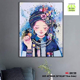 Khung dày 2.5cm Tranh số hóa tự vẽ Cô Dân Tộc Dẽ Thương đã căng khung và đầy đủ phụ kiện, phủ bóng
