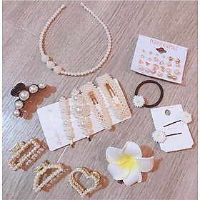 Combo Kẹp Tóc Ngọc Trai Hoa Cúc 8 món, 25 Chi Tiết Siêu Hot