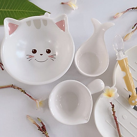 Mua Bộ Chén Ăn Dặm Kiểu Nhật Bằng Sứ Màu Trắng Cho Bé Hình Mèo  Tim  Gáo  Sao  Đuôi Cá