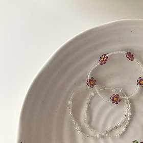N150 bộ 3 Vòng tay handmade hạt cườm hoa Daisy màu tím măng cụt và dây hạt cườm lấp lánh xinh xắn