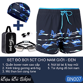 Combo đồ bơi nam giới, set 4,5 chi tiết Quần boxer 2 lớp + Kính bơi anti fog + Mũ + Bịt tai kẹp mũi + Túi đựng, mẫu cao cấp đẹp | BN007