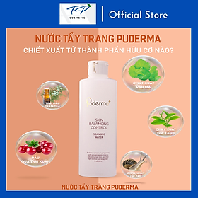  Nước Tẩy Trang PUDERMA SKIN BALANCING CONTROL CLEANSING WATER: làm sạch lớp bụi bẩn, bã nhờn, trang điểm, tế bào da chết bám trên da mặt, đồng thời dưỡng ẩm cho da, giúp làm se khít lỗ chân lông, mang lại làn da mịn màng, trắng sáng.