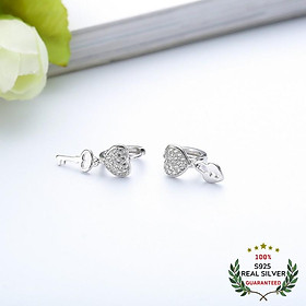 Bông Tai Bạc S925 Chìa Khóa & Ổ Khóa Trái Tim Bất Đối Xứng Dạng Khoen Tròn Đính Đá Zircon | Khuyên Tai Nữ Trang Sức Bạc