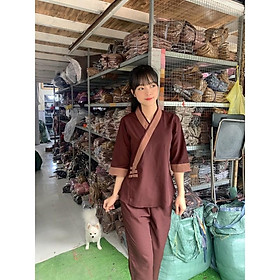 đồ đi chùa đơn giản, thời trang nữ áo lam trơn phối đính nút