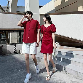 Set áo đôi sơ mi đầm khoét lưng màu đỏ dành cho couple phong cách Hàn Quốc