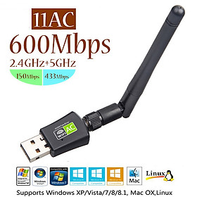 USB thu sóng wifi băng tần kép 2.4G / 5G 802.11AC 600Mbps, có anten, tăng tốc độ mạng, làm điểm phát sóng wifi 5G