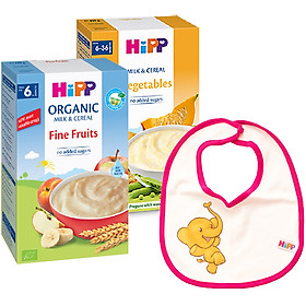 Combo 2 Bột Dinh Dưỡng Hoa Quả Tổng Hợp (Táo, Chuối, Lê, Mơ) HiPP 250g - 3141& Bột Sữa Và Ngũ Cốc Rau Củ Tổng Hợp HiPP - 3321 (250g) Tặng Kèm 1 Yếm Ăn Dặm HiPP