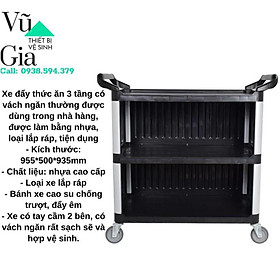 Xe đẩy thức ăn 3 tầng có vách ngăn bằng nhựa, xe đẩy phục vụ, dọn chén bát nhà hàng khách sạn