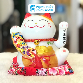 Mua Mèo Thần Tài-Mèo May Mắn Chiêu Tài Đón Khách-Mèo Cầm Dây Tiền Vẫy Tay 14cm-Gốm Sứ Cao Cấp