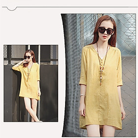 Đầm suông linen tay lỡ cổ V dáng chữ A ArcticHunter, thời trang trẻ, phong cách Hàn - Vàng - 2XL